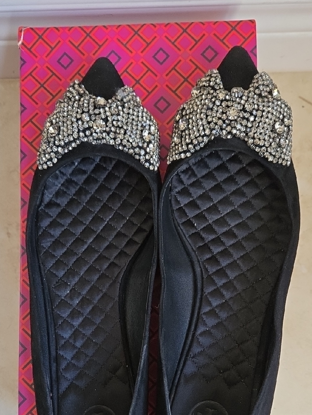 Tory Burch Black Pointed Flats with Crystal Bow Embellishment